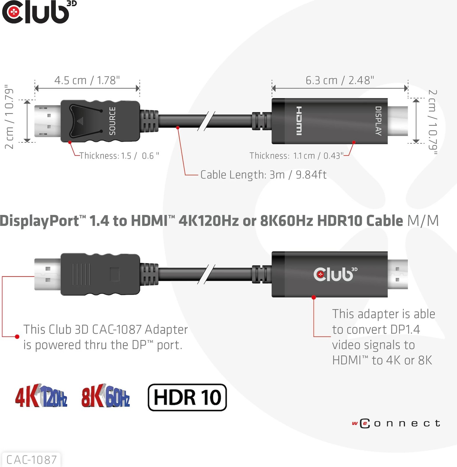 Kabllo DisplayPort në HDMI Club3D 3m, HDR10, 8K, e zezë