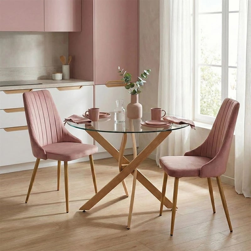 Tavolinë me karrige Antoro-Azori, xham, karrige kadife rozë e zbehtë, set 3 copë, D80x75cm