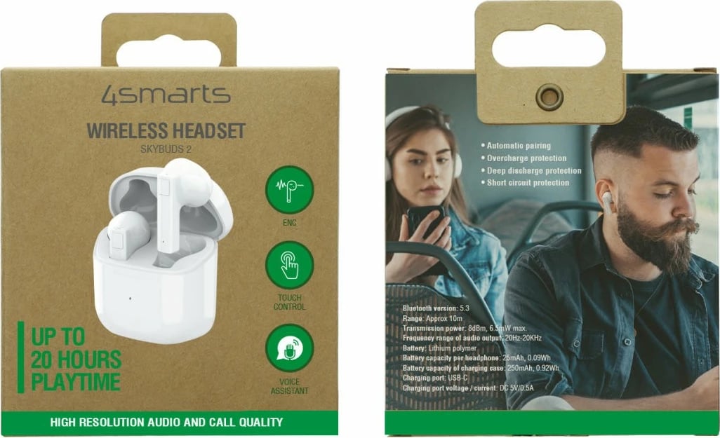 Kufje 4smarts SkyBuds 2, True Wireless Stereo, 20 - 20000 Hz, të bardha