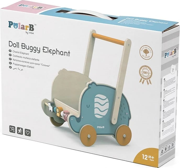 Karrocë ecëse druri fagu, Viga Elephant, rrota me gomë antirrëshqitëse, 12m+, multingjyrësh