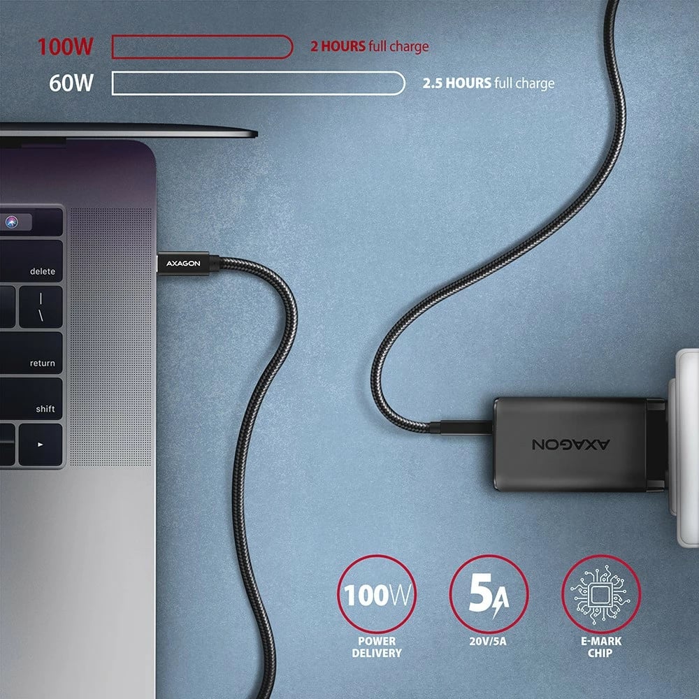 Kabllo USB-C në USB-C AXAGON BUCM32-CM05AB, 0.5m, 100W, 20Gbps, 4K, e zezë