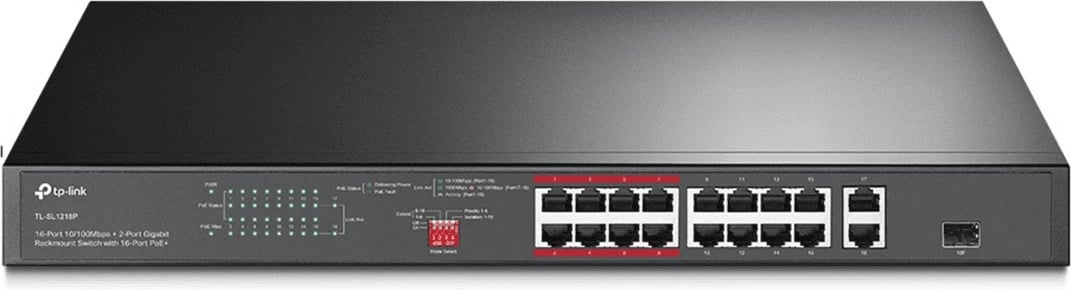 Switch, TP-Link, TL-SL1218P, 16 porta Ethernet PoE, e zezë