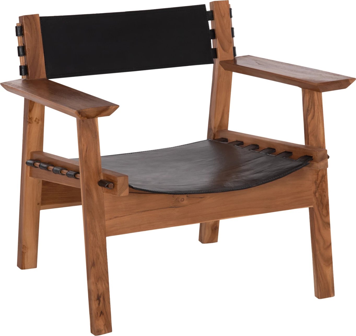 Karrige e ulët KONNA, dru tik, lëkurë e zezë, 80x64x73 cm