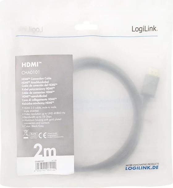 Kabllo HDMI LogiLink CHA0101, 2m, 4K/60Hz, Zezë/Argjendtë