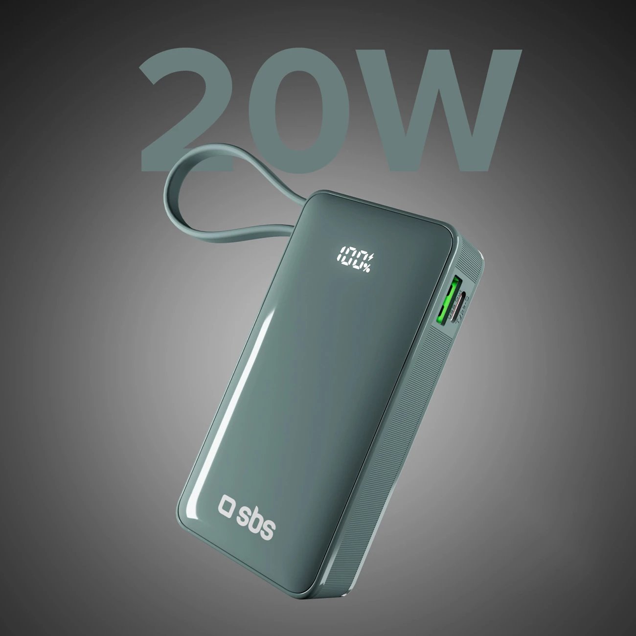 Powerbank SBS 10000 mAh 20W me kabllo USB-C të integruar dhe ekran LCD, Gri