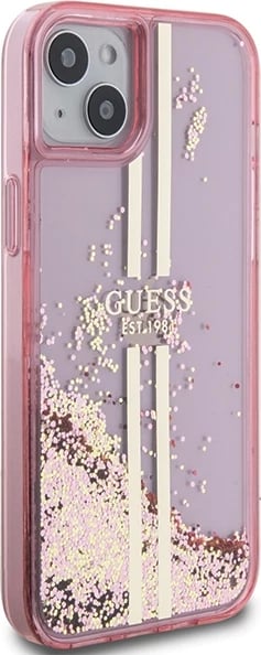 Mbështjellës Guess Liquid Glitter Gold Stripes për iPhone 15 Plus / 14 Plus, Rozë