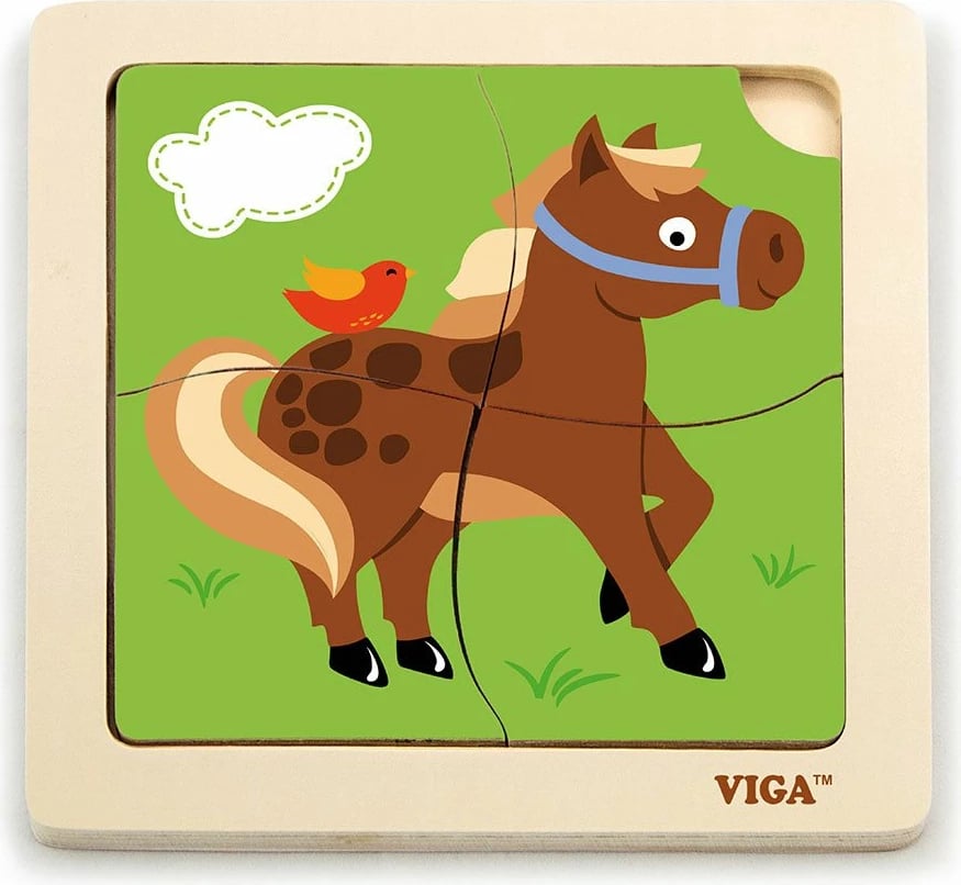 Puzzle druri fëmijësh, Viga, 4 pjesë Horse, 15 x 15 cm, 18m+, multingjyrësh