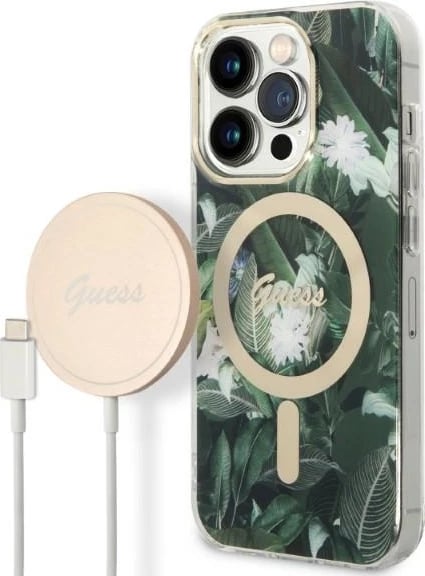 Set mbështjellës Guess Jungle Collection me karikues wireless MagSafe për iPhone 14 Pro 6.1", Gjelbër