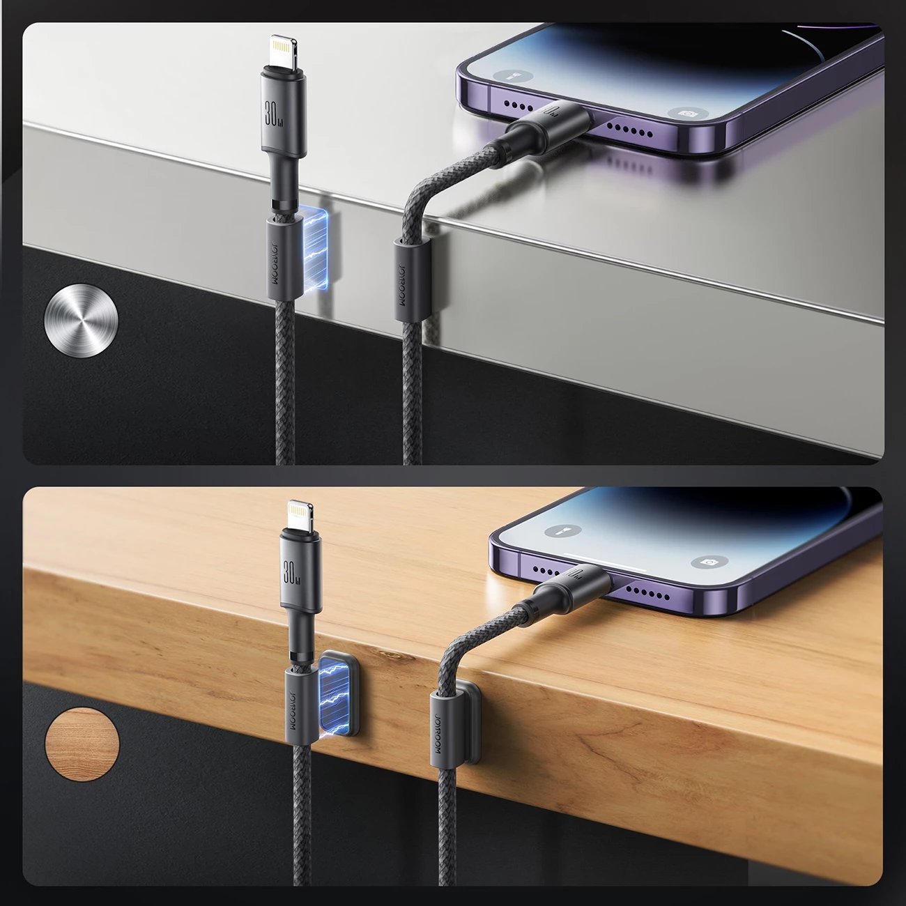 Kabllo Joyroom S-A50 Unlimited Series, USB-C në Lightning, 1.2m, 30W, me organizues magnetik, Gri