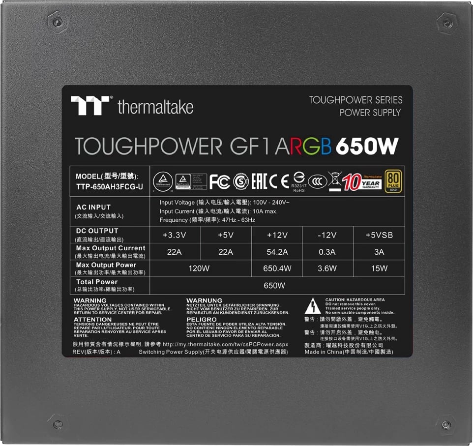 Kasë Thermaltake Toughpower GF1 Gold ARGB 650W, modular, 80 PLUS Gold, me dritë ARGB