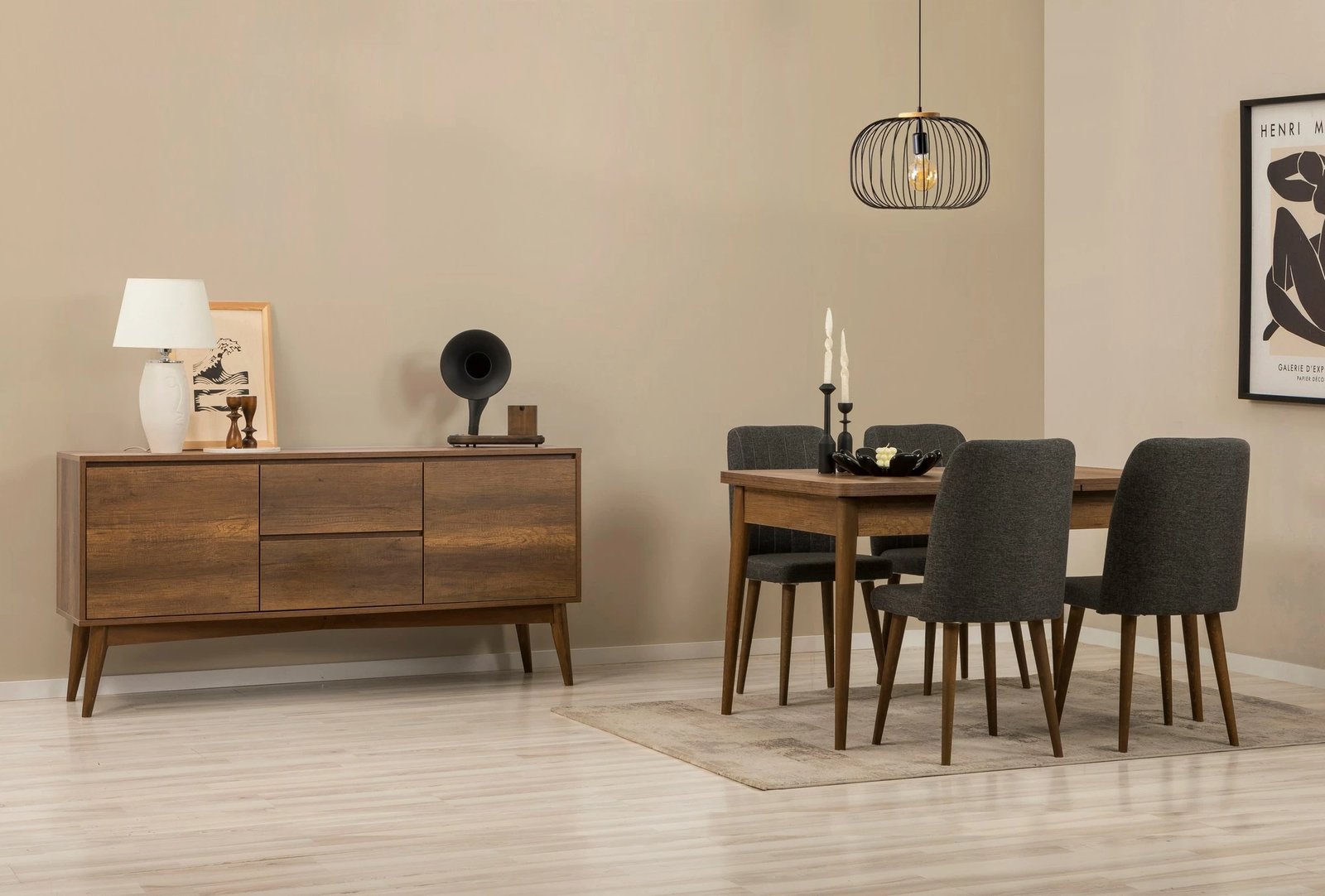 Set tavolinë me karrige dhe konsol, zgjatues, 6 pjesë, ngjyrë arrë dhe antracit, Vina 01 1053