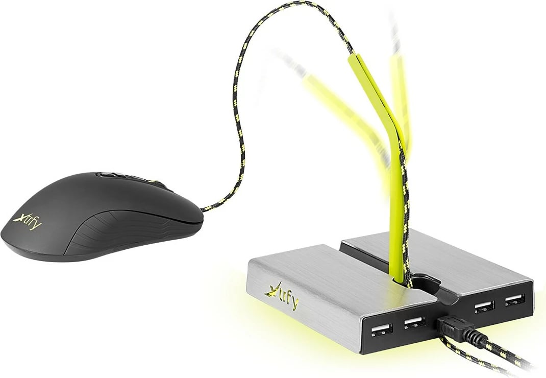 Mouse bungee Cherry Xtrfy B4 me LED, 4 porta USB, argjendtë/verdhe