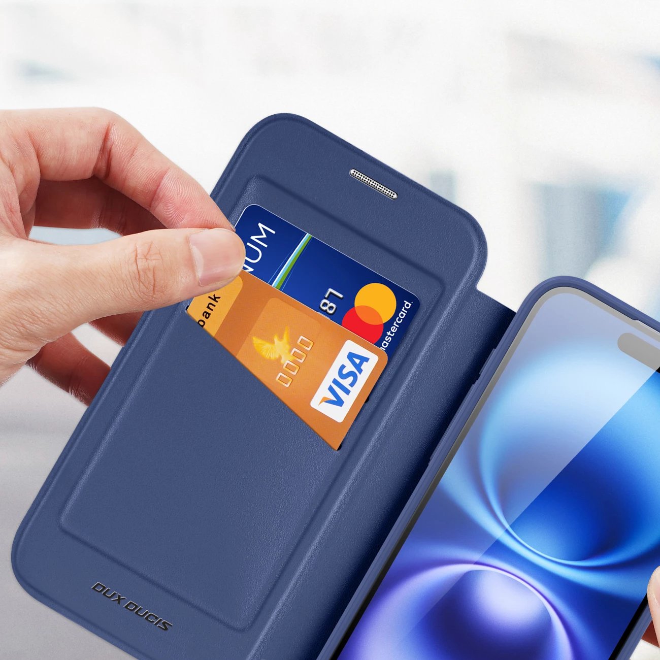 Mbështjellës Dux Ducis Skin X Pro për iPhone 17, me portofol, MagSafe, kaltër