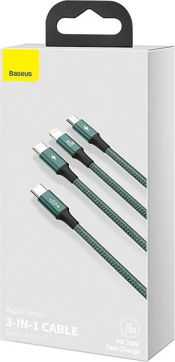 Kabllo USB-C 3in1 e Serisë Baseus Rapid, mikro USB / Lightning / USB-C, 20W, 1,5 m (jeshile)