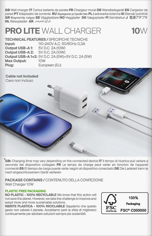 Karikues muri Puro PROLITE, 10W, 2x USB-A, Bardhë