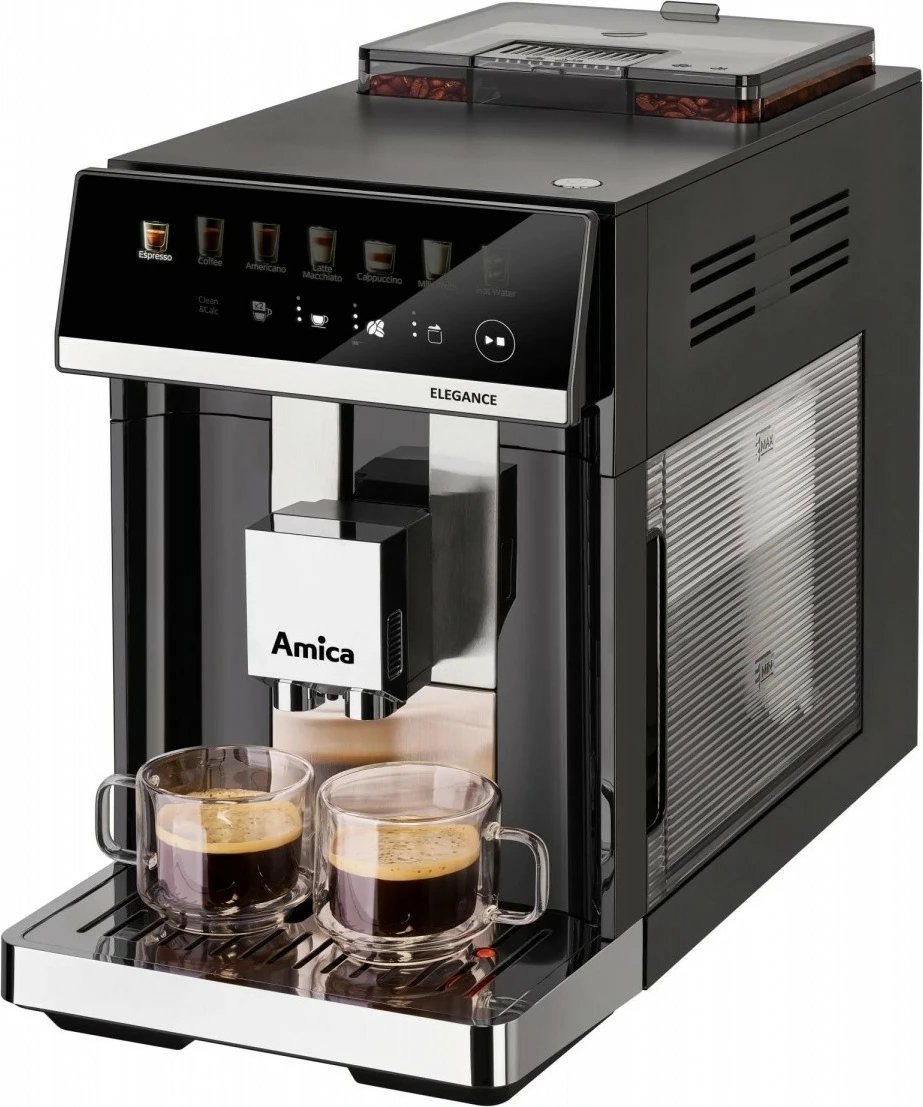 Aparat espresso, Amica Elegance CM 7011, 15 bar, 1725 W, mulli çeliku 5 nivele, depozitë ujit 1.8 L, depozitë kafeje 250 g, sistem qumështi, i zi