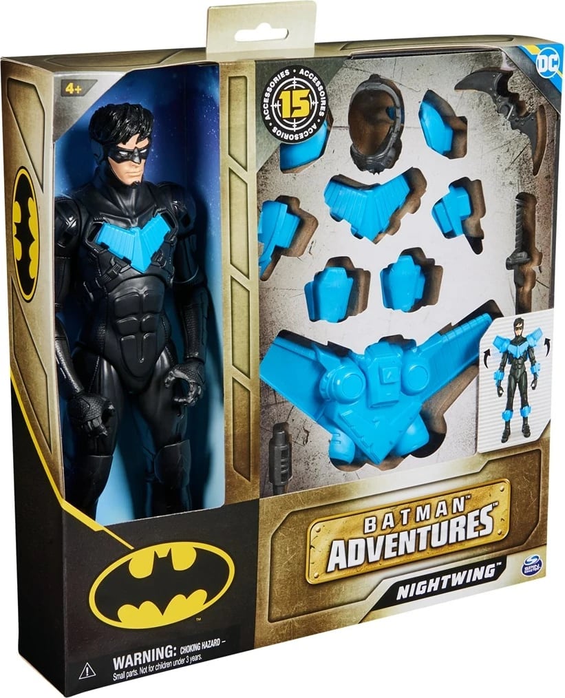 Figurë lodër aksioni Spin Master DC Comics Batman Adventures Nightwing, 30 cm, 15 aksesorë, 17 pika artikulimi, Blu