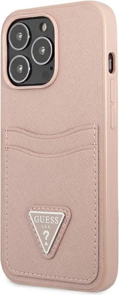 Mbështjellës Guess Saffiano Triangle për iPhone 13 Pro / 13, hardcase, rozë, me hapësirë kartelash