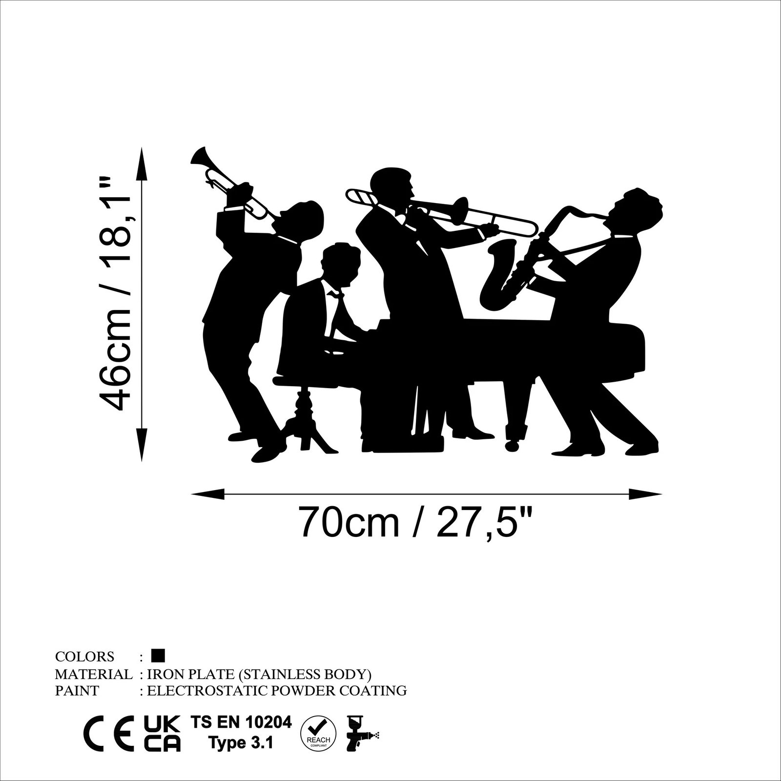 Aksesor dekorativ metalik për mur, muzikantë, Wallity, L