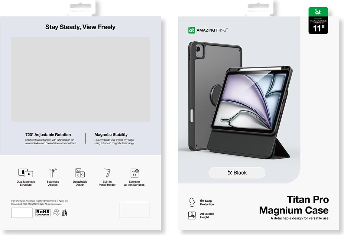 Mbështjellës tablet AmazingThing Titan Pro Mag Case për iPad Air 11" M3/M2 dhe 10.9" (5 gjeneratë), 720° rrotullim, mbajtëse Apple Pencil, i zi