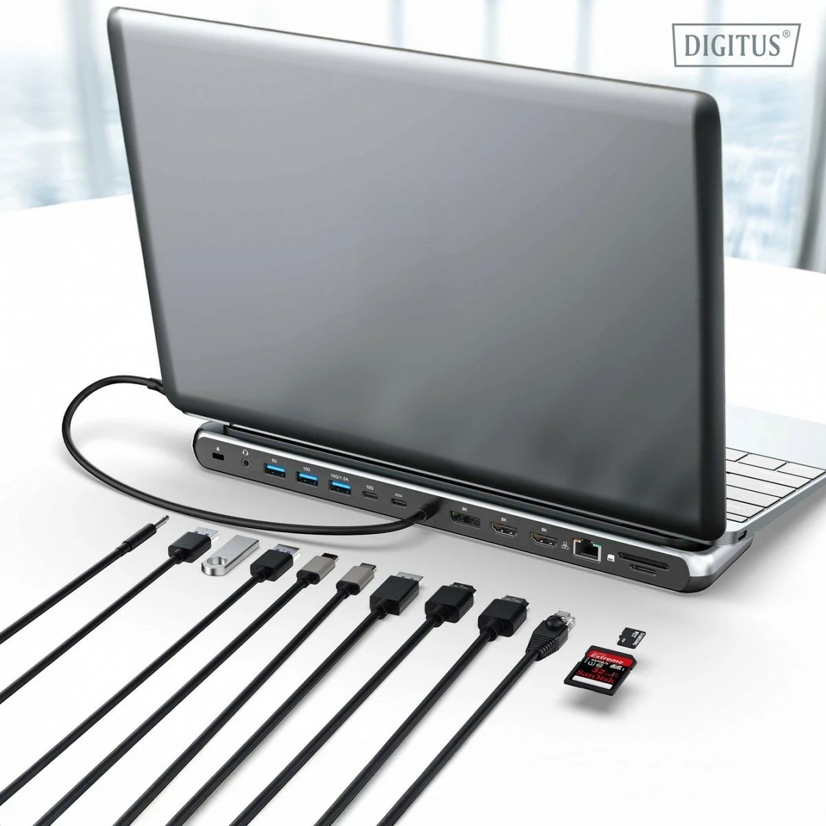 Stacion dokimi USB-C Digitus DA-70919, 12 porta, 8K/30Hz, 3 monitorë, Gigabit Ethernet, SD/MicroSD, PD 100W, zi/gri