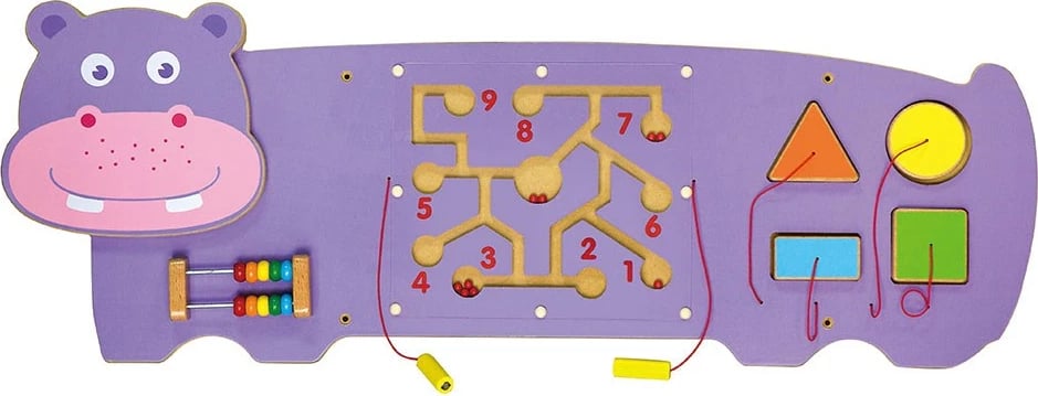 panel sensorik druri, Viga, Hippo, montim në mur, me labirint magnetik dhe numra, 93.5 x 35 x 6 cm, 12m+, shumëngjyrësh