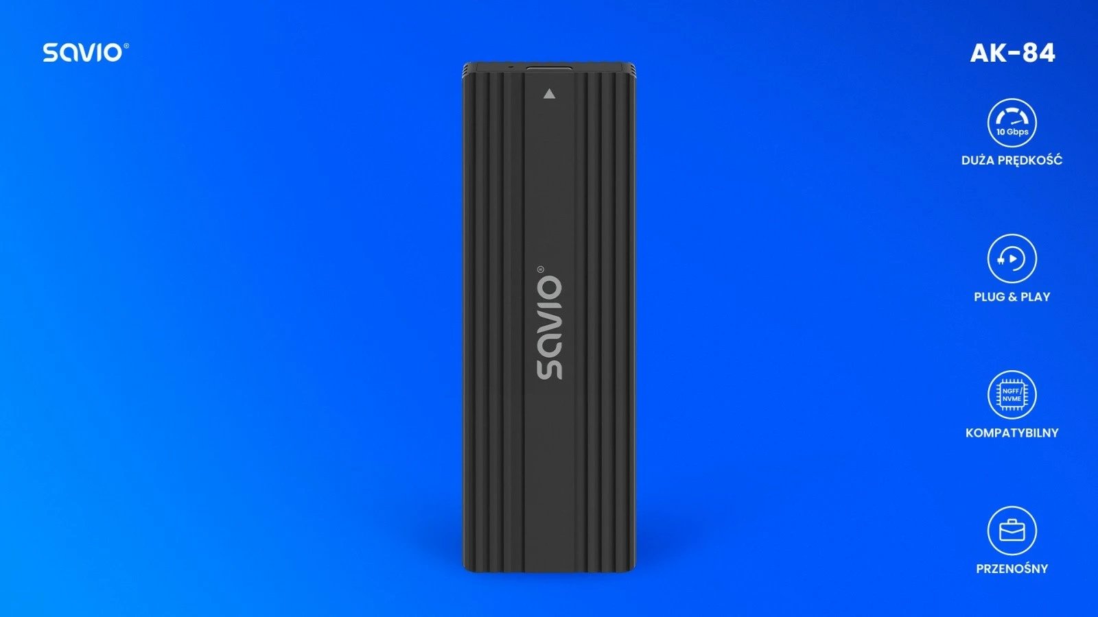 Kasë e jashtme për M.2 SSD, Savio, AK-84, NVMe & SATA (NGFF), USB 3.1 Gen 2 10 Gb/s, formate 2230/2242/2260/2280, e zezë
