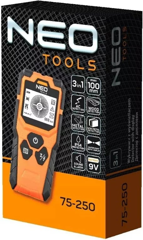 Detektor 3-në-1 NEO TOOLS 75-250 me ekran, portokalli