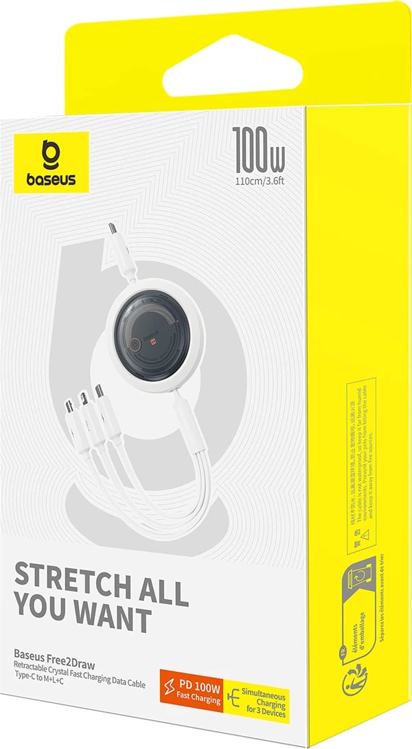 Kabllo tërheqëse Baseus Free2Draw CB000084, 1.1m, USB-C/Lightning/micro USB, 100W, Bardhë