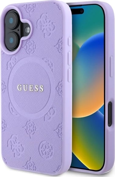 Mbështjellës Guess Saffiano Peony Classic Logo MagSafe për iPhone 16, vjollcë