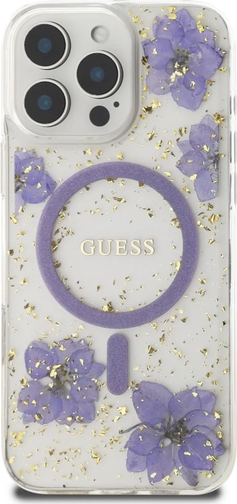 Mbështjellës MagSafe, Guess Resin Flowers, për iPhone 16 Pro 6.3", hardcase TPU/PC, vjollcë