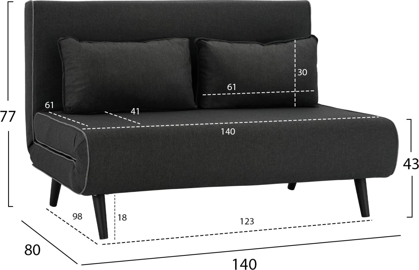 Krevati-sofë për 2 persona, material tekstili, ngjyrë gri e errët, ASMA FH3077.03, 140x80x77cm
