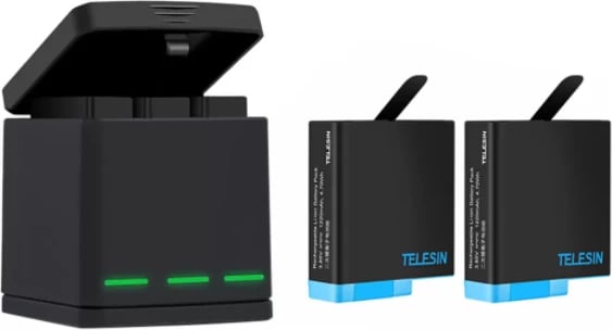 Karikues 3-vendësh Telesin GP-BNC-801 për GoPro Hero 8 me 2 bateri, i zi