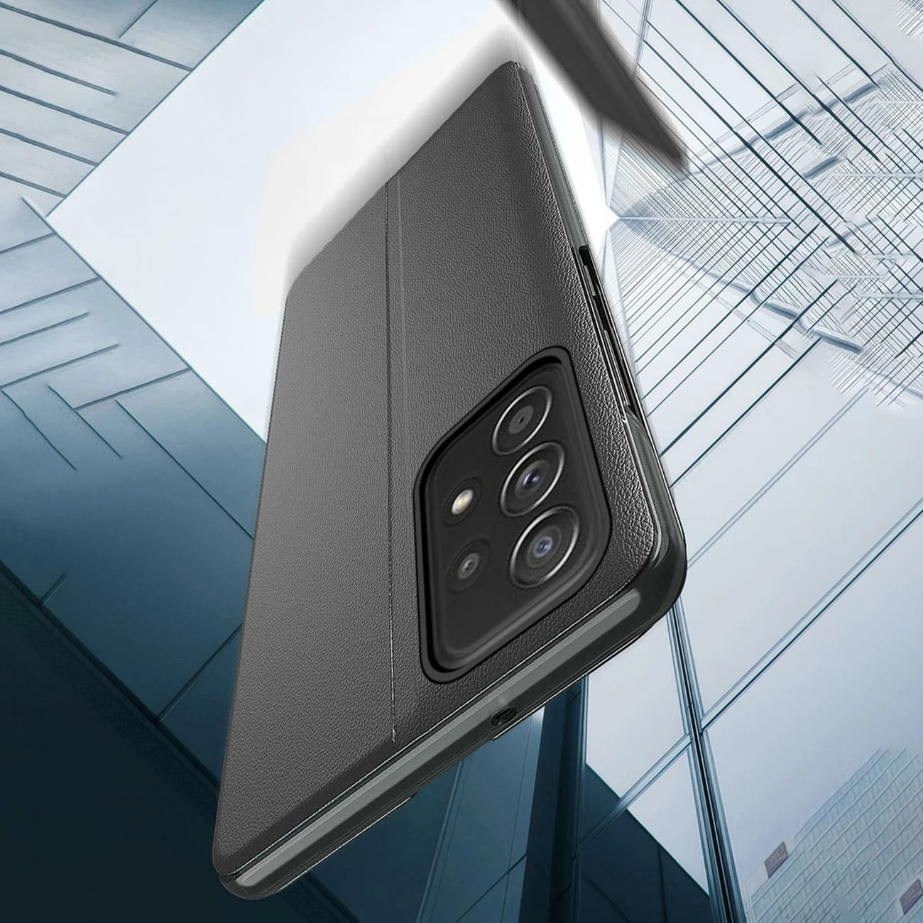 Mbështjellës Hurtel Eco Leather View Case për Samsung Galaxy A73, me kapak dhe mbajtëse, Blu