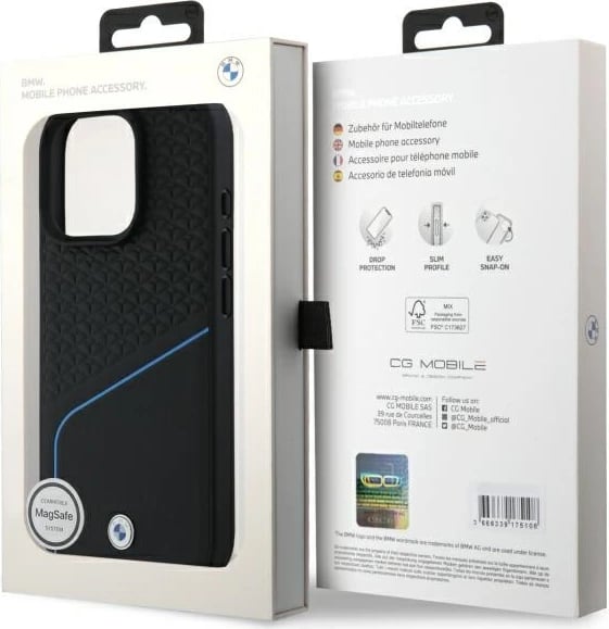 Mbështjellës BMW Sign Leather Textured And Line MagSafe për iPhone 16 Pro Max, i zi