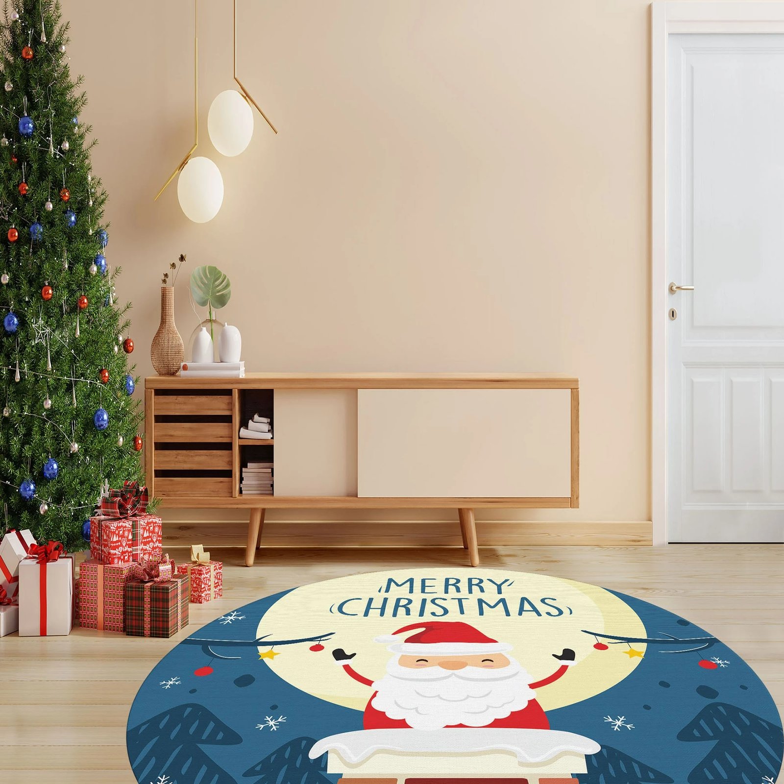 Qilim i rrumbullakët, shumëngjyrësh, dizajn Krishtlindjesh, 140cm