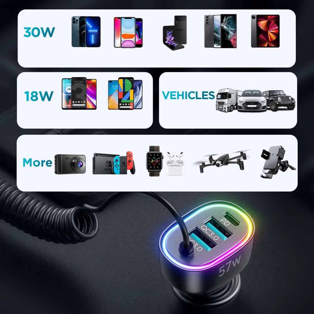 Karikues veture Joyroom JR-CL20, 4 në 1, 57W, me kabllo Lightning 1.6m, i zi