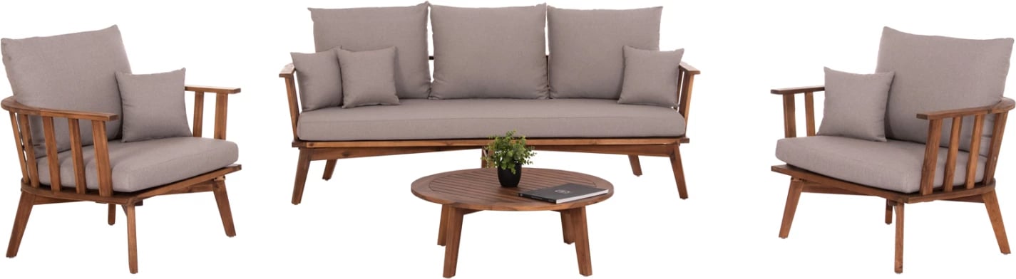 Set lounge për jashtë 4 pjesësh HARRA, dru akacie natyral, jastëkë të bardhë, FH6236