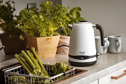 zierëse uji elektrike, Adler, AD 1295, 1.7L, ekran LCD, rregullim temperature 40–100°C, funksion Keep Warm, e bardhë