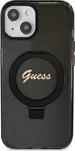 Mbështjellës Guess Ring Stand Script Glitter MagSafe për iPhone 15, i zi