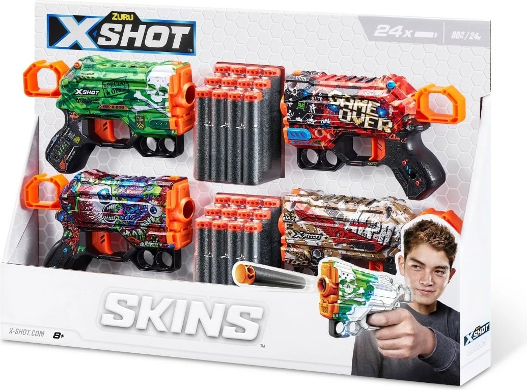 Set blastera lodër ZURU X-Shot Skins Menace, 4 copë, 24 shigjeta, shumëngjyrëshe
