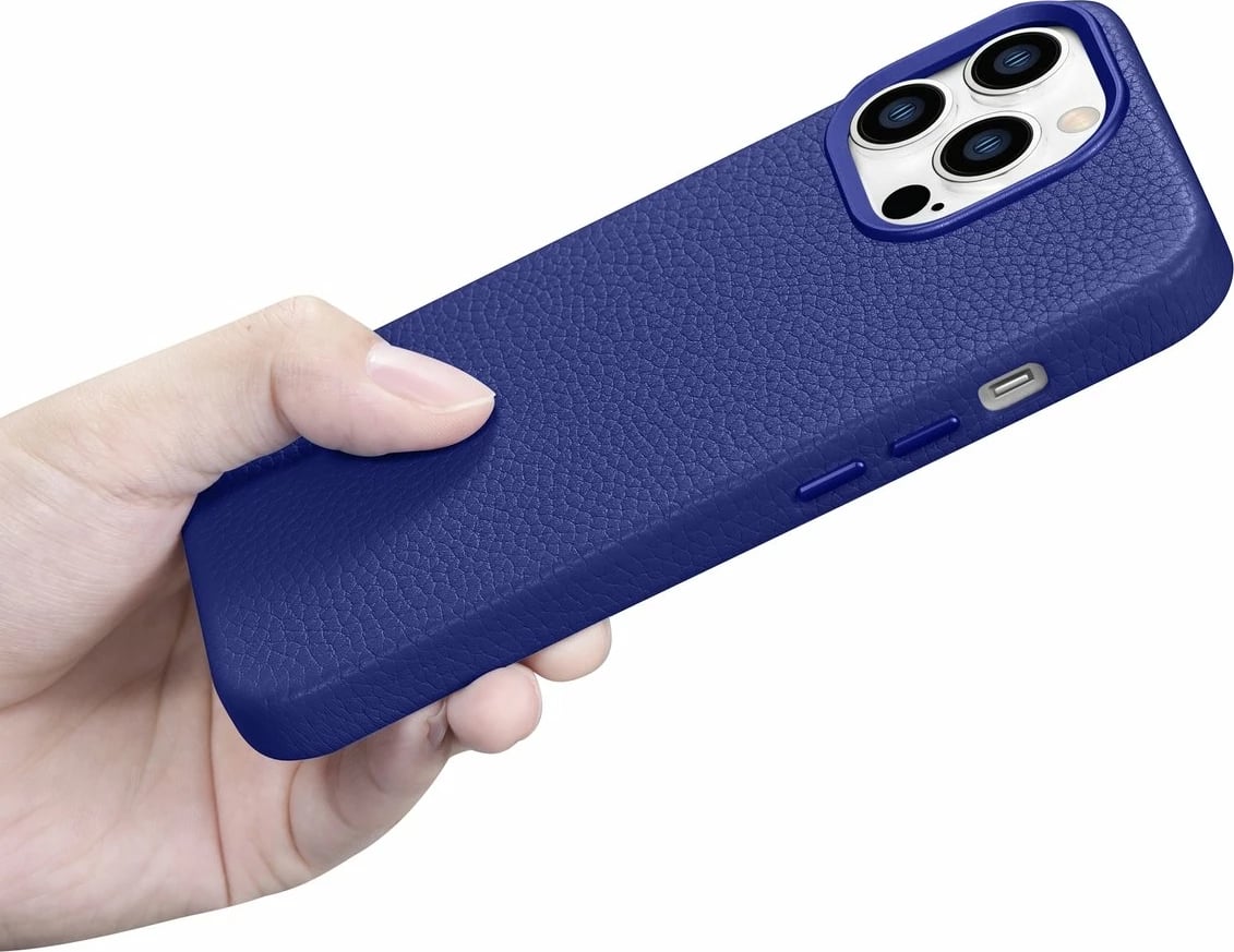 Mbështjellës iCarer Litchi Premium për iPhone 14 Pro, lëkurë natyrale, MagSafe, kaltër e errët