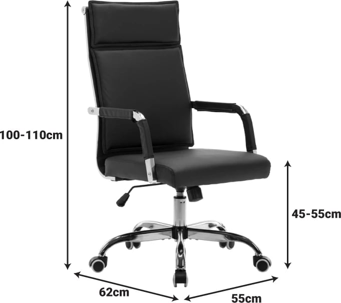 Karrige ekzekutive për zyre Mavel, lëkurë PU, ngjyrë e zezë, 55x62x100-110cm