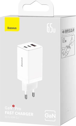 Karikues muri Baseus GaN5 Pro, 65W, 2x USB-C, 1x USB-A, me kabllo USB-C, Bardhë