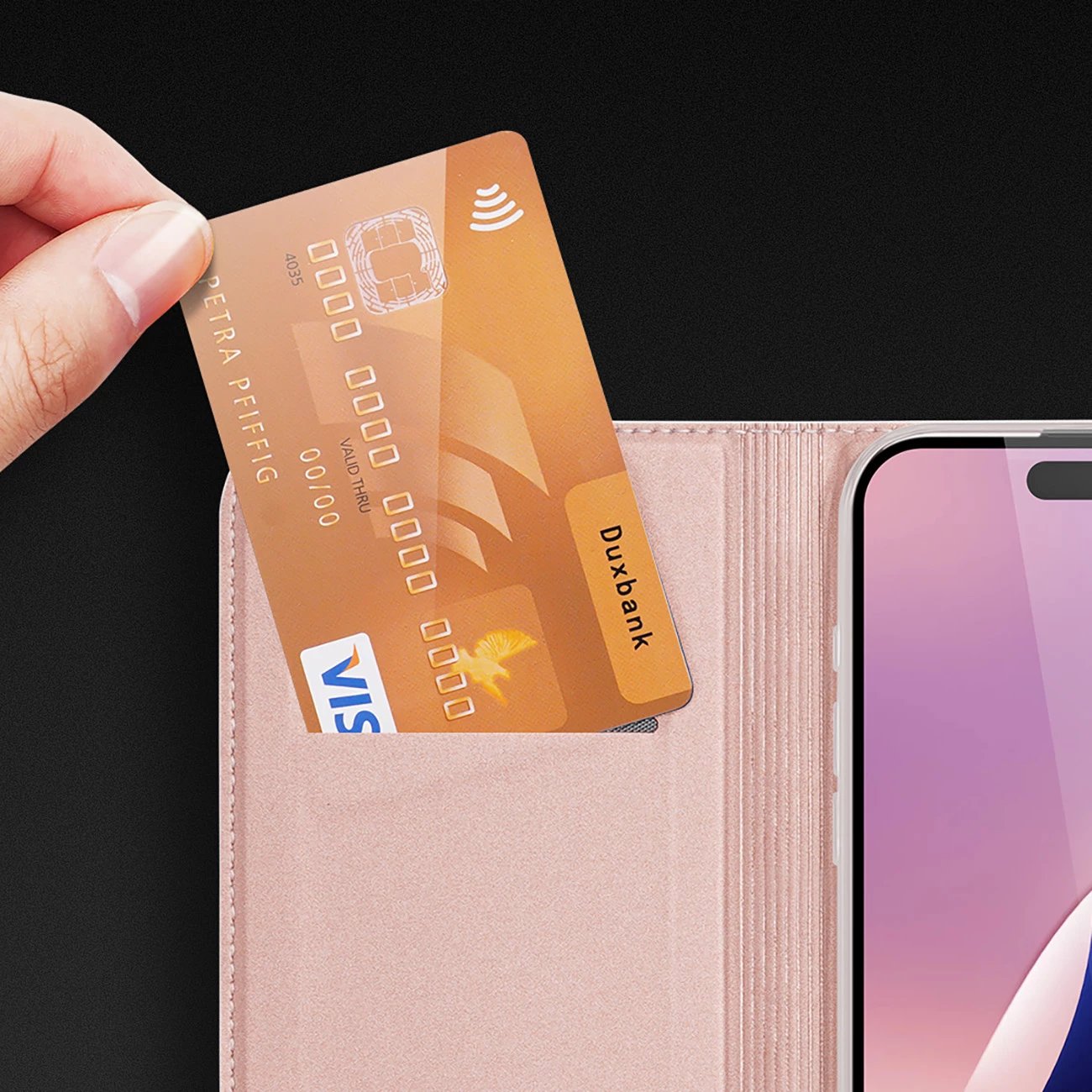 Mbështjellës Dux Ducis Skin Pro për iPhone 16 Pro, me kapak, xhep për karta, rozë