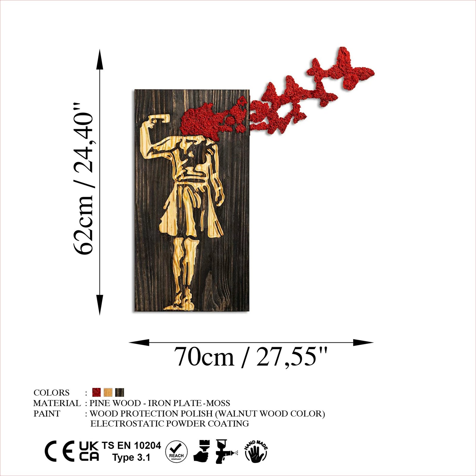 Aksesor dekorativ muri prej druri, Wallity Banksy, ngjyrë arre, kafe, e kuqe, 62x70cm