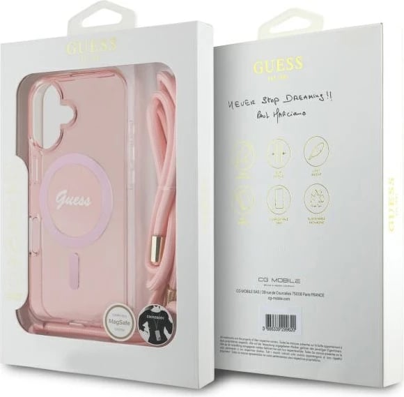 Mbështjellës Guess Crossbody Cord Script MagSafe për iPhone 16, Rozë