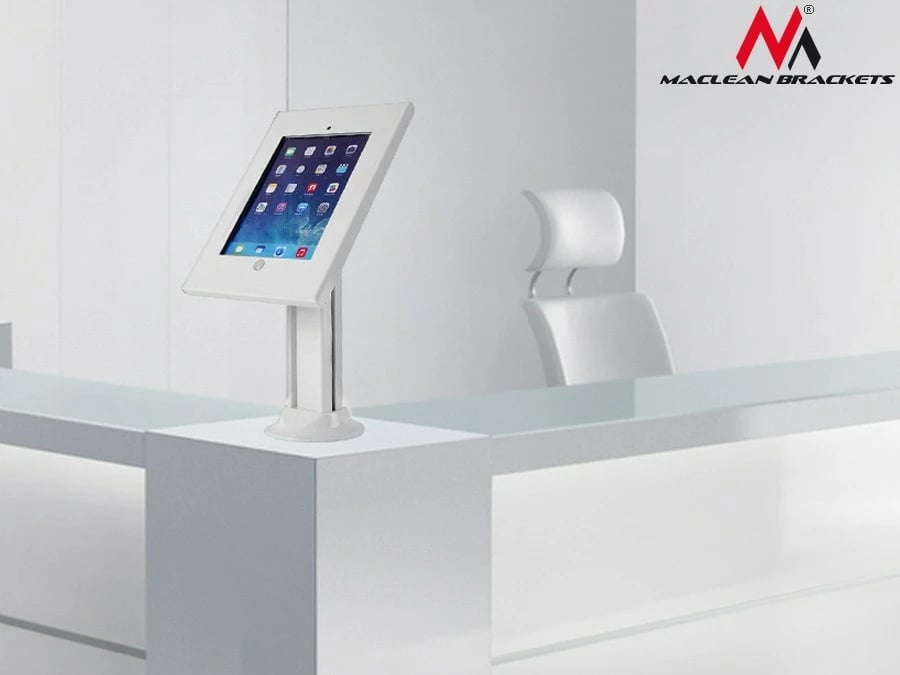 Mbajtës reklamues për tablet Maclean MC-677, për tavolinë, me mbyllje, i përshtatshëm për iPad 2/3/4/Air/Air2, Bardhë