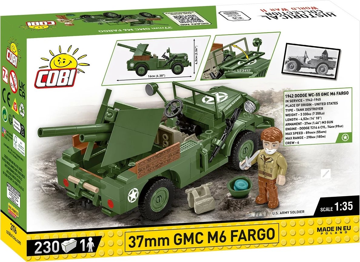 Set lodrash ndërtimi Cobi Klocki 3116, 37mm GMC M6 Fargo, 230 pjesë, Jeshile