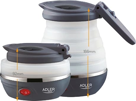 Çajnik elektrik udhëtimi, Adler AD 1279, 0.6 L, silikon palosës, 750W, gri